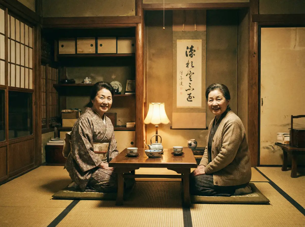 两位优雅的 半岛综合体育app 在日式茶室中品茶交谈